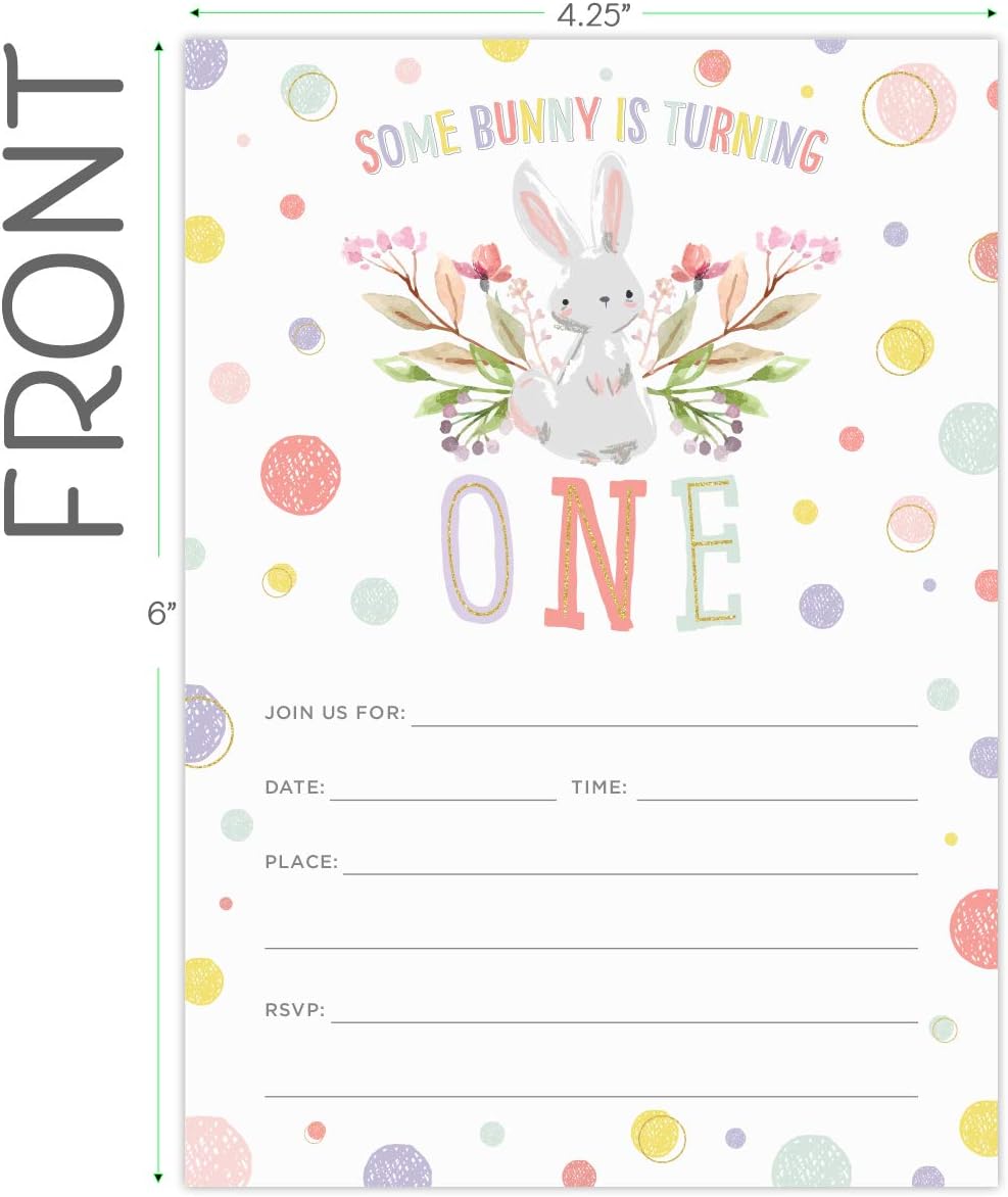 Koko Paper Co Some Bunny is Turning One First Birthday Party Invitations | 25 Invitations and Envelopes | Printed on Heavy Card Stock.