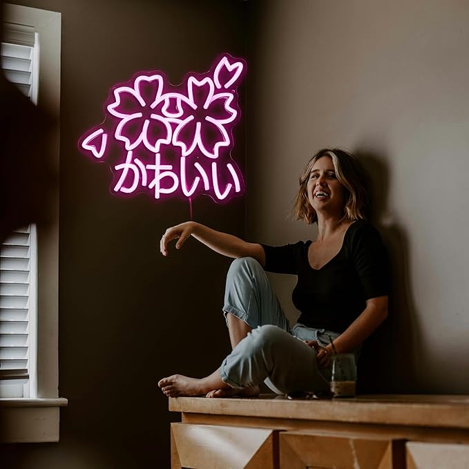 Kawaii かわいいLed Neon Light Sign Japanese Cherry Blossoms Light Up Wall Decor Sign Girls' Room Decoration Birthday Party Christmas Neon Sakura Light (Pink)