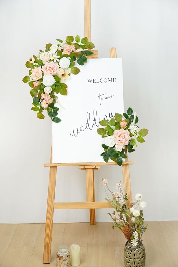 Wedding decor (pack of 2) Welcome Sign Flower Backdrop Garland For Ceremony Reception Wall Easel Home Decoration Entryway Faux Outdoor Board Head Table Decor (Flesh Pink & White)