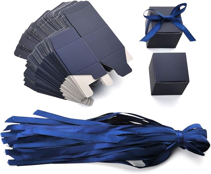 AWELL Navy Blue Gift Candy Box Bulk 2x2x2 inches with Blue Ribbon Party Favor Box,Pack of 50