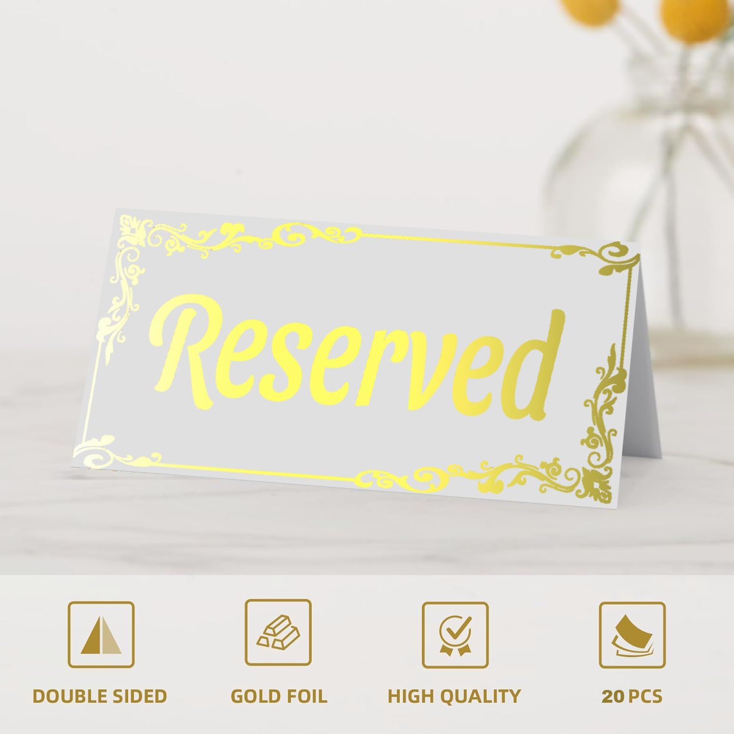 20 Pack Gold Reserved Table Signs for Wedding Party Restaurant-Double Sided Gold Reserved Signs for Tables Chairs