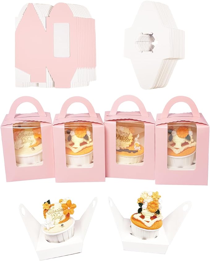 Bakepacker Auto-pop up Individual Cupcake Boxes with Window 25 Count Pink Single Cupcakes Box 3.6 x 3.6 x 4.3inch Cupcake Carrier