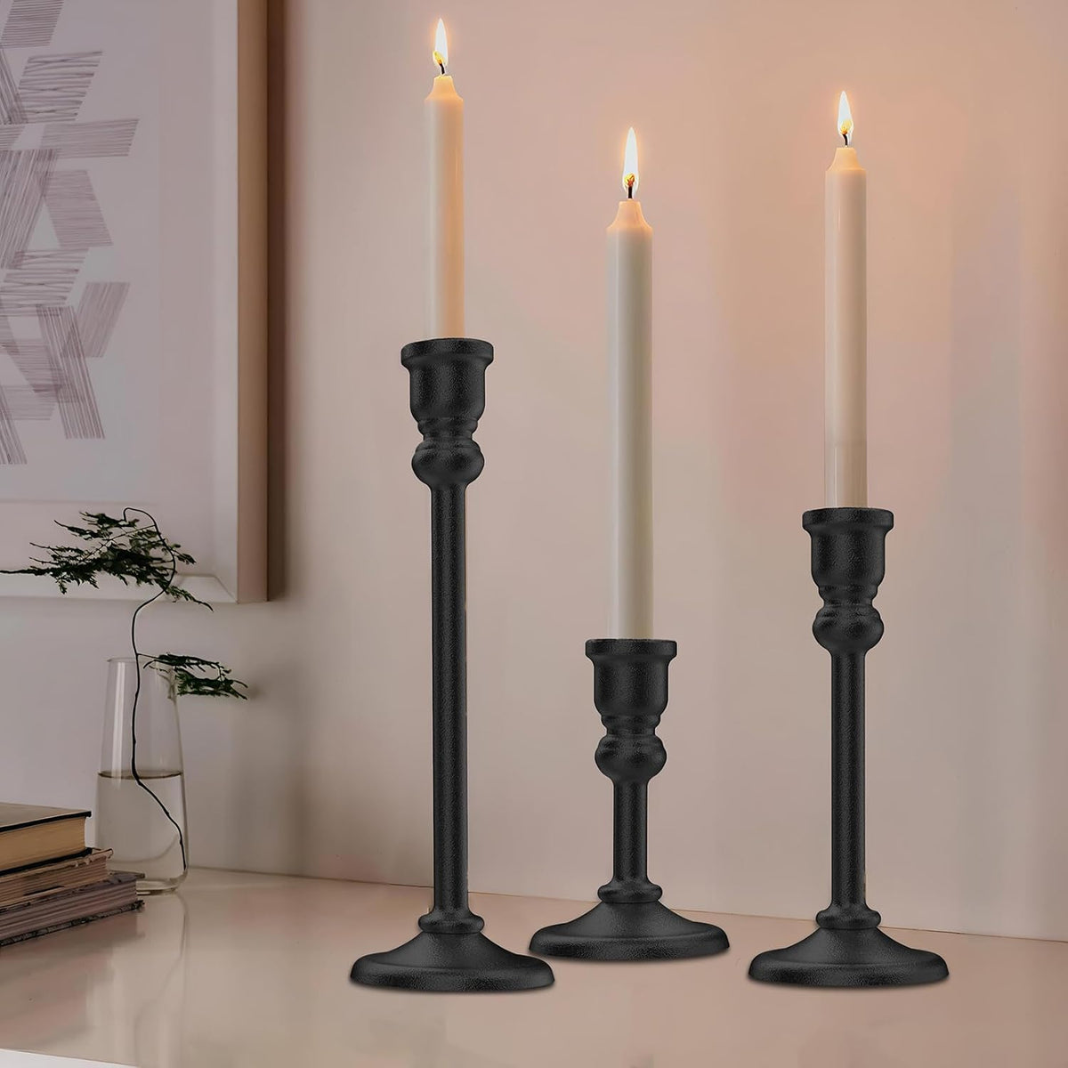 Black Heavy Candlestick Holders Taper Candle Holders Set of 3, Golden Candles...