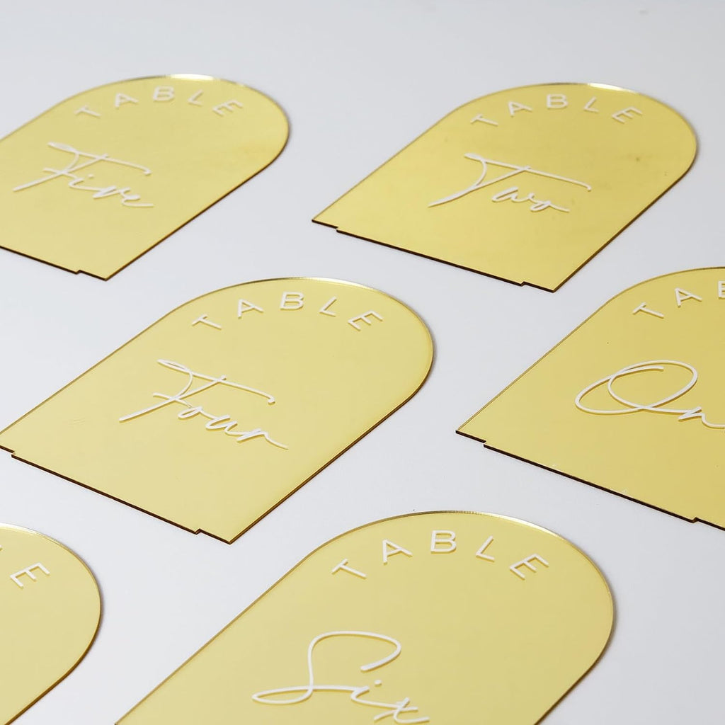 Gold Mirror Arched Wedding Table Numbers 1-10 with Stands, 5x7 Inch Acrylic Arch Sign with Holder, Gold Arch Acrylic Table Numbers for Wedding Reception