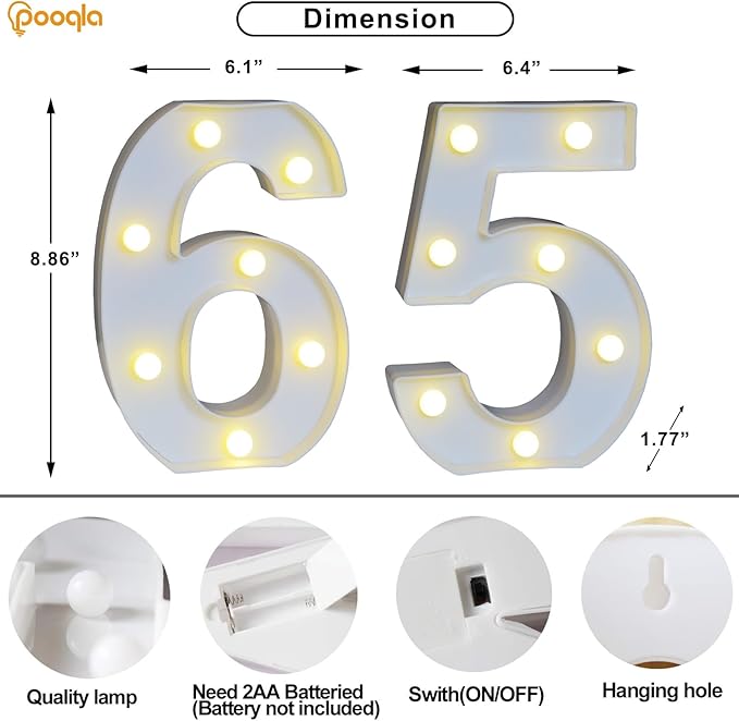 Pooqla Decorative LED Light Up Number Letters, White Plastic Marquee Number Lights Sign for 65th Birthday Party Wedding Decor, Battery Operated (65)