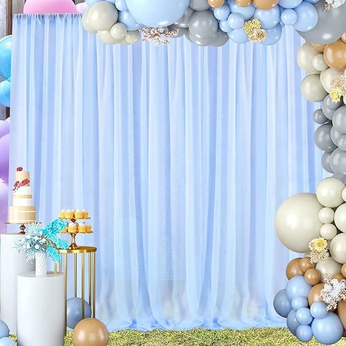 PARTISKY 10ftx10ft Blue Chiffon Sheer Backdrop Curtains, Wrinkle-Free Wedding Backdrop Drapes for Birthday Party Ceremony Arch Stage Decor Background for Photography 5ft x 10ft,2 Panels
