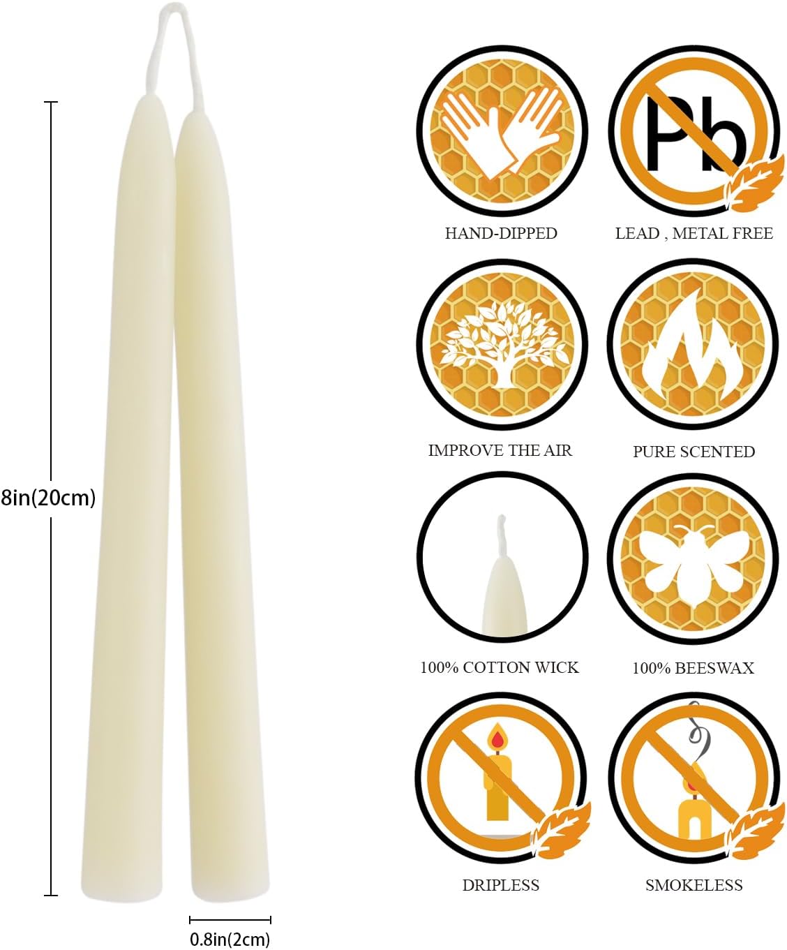 DEYBBY 8 inch Natural White Beeswax Taper Candles Set of 6, Smokeless and Dripless Pure Organic Beeswax Candles Bulk for Anniversary Wedding Dinner Home Decor Emergency Housewarming Gift, 6-7Hrs Burn