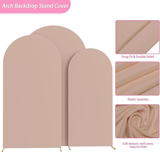 Fomcet Wedding Arch Cover 7.2FT, 6.6FT, 6FT Nude Spandex Fitted Fabric Arch Backdrop Cover Set of 3 Round Top Chiara Arched Backdrop Stands Covers for Wedding Ceremony Birthday Party Baby Shower