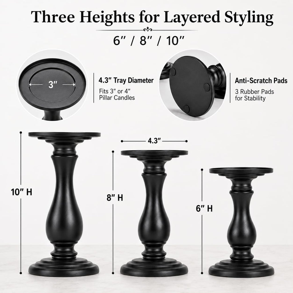Matte Black Pillar Candle Holders Set of 3, 6/8/10 Inch Metal Stands for 3 or 4 Inch Pillars, Fireplace Mantel Table Centerpiece, Rustic Farmhouse Wedding Decor