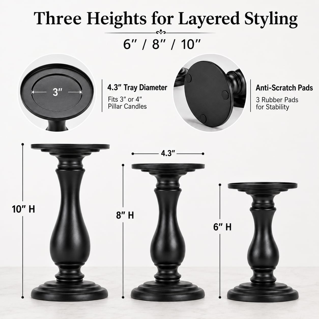 Matte Black Pillar Candle Holders Set of 3, 6/8/10 Inch Metal Stands for 3 or 4 Inch Pillars, Fireplace Mantel Table Centerpiece, Rustic Farmhouse Wedding Decor