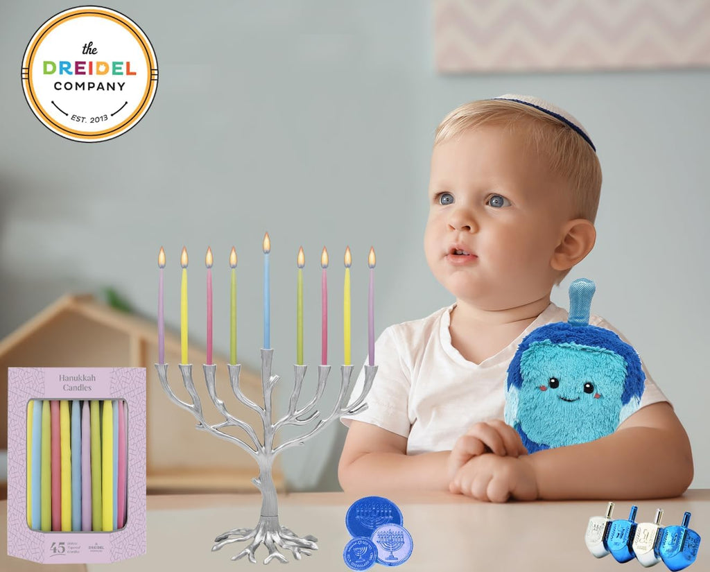 The Dreidel Company Multicolor Pastel Hanukkah Candles Deluxe Tapered Hanukkah Menorah, 1-Hour Burn Time, 45 Candles for All 8 Nights of Chanukah