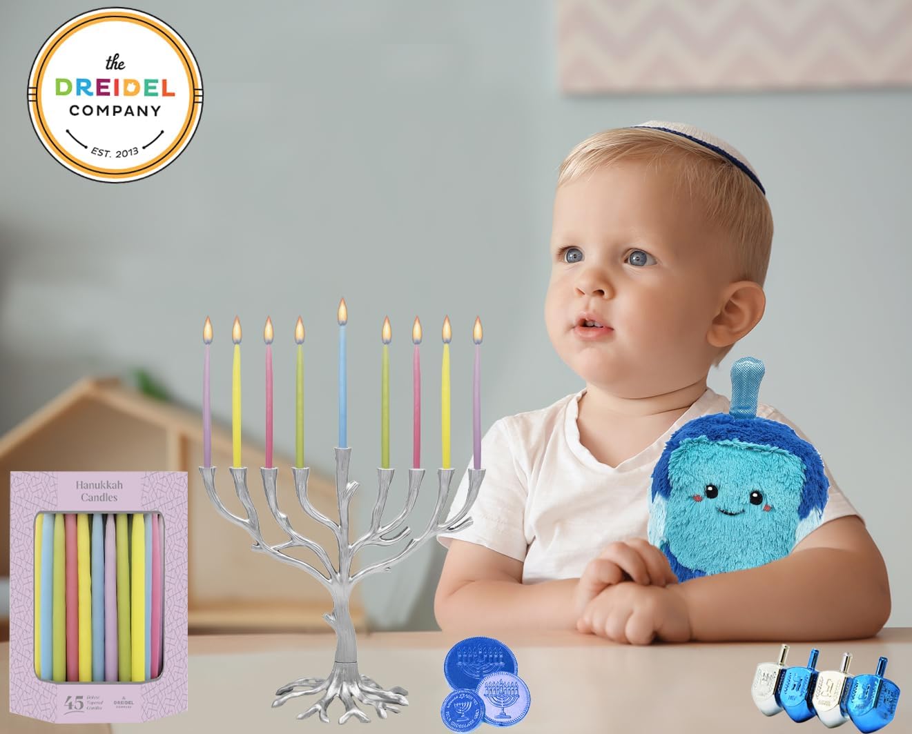 The Dreidel Company Multicolor Pastel Hanukkah Candles Deluxe Tapered Hanukkah Menorah, 1-Hour Burn Time, 45 Candles for All 8 Nights of Chanukah