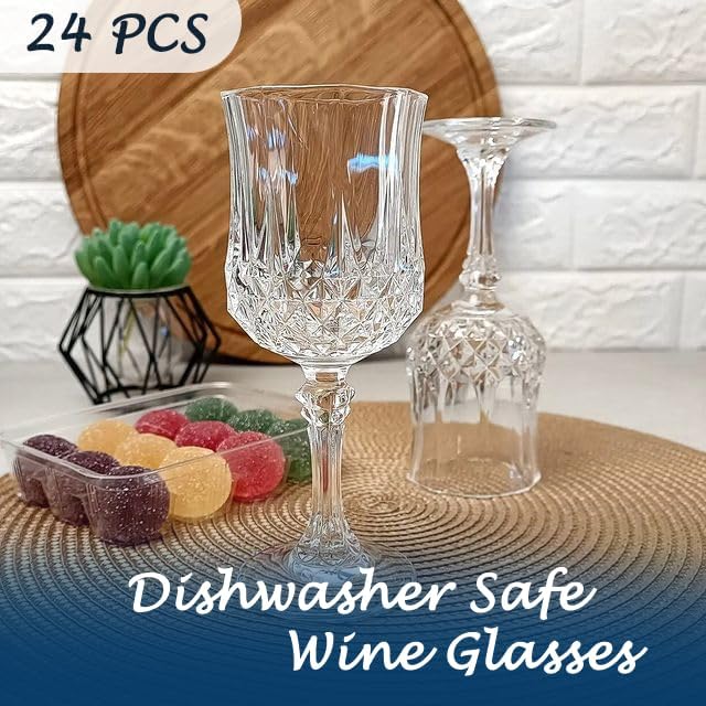Plastic Wine Glasses，Plastic Goblets Vintage Style Cordial Drinking Glasses for Wedding Reception, Grand Event Party Supplies (24, transparent)