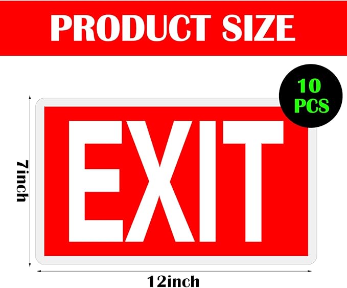 10 Pcs Glow in the Dark Exit Signs for Business 12 x 7 Inch Photoluminescent Signs Stickers for Indoor Outdoor for Business, Office, Warehouse (Without Arrows)