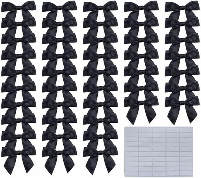 2.5" Hgzgch Black Satin Ribbon Bow for Gift Wrapping, Premade Bows for Crafts, Cake, Party Favors, Handmade Bows with Double-Sided Tape, Self Adhesive Gift Bows for Presents, Treats, Christmas - 50pcs