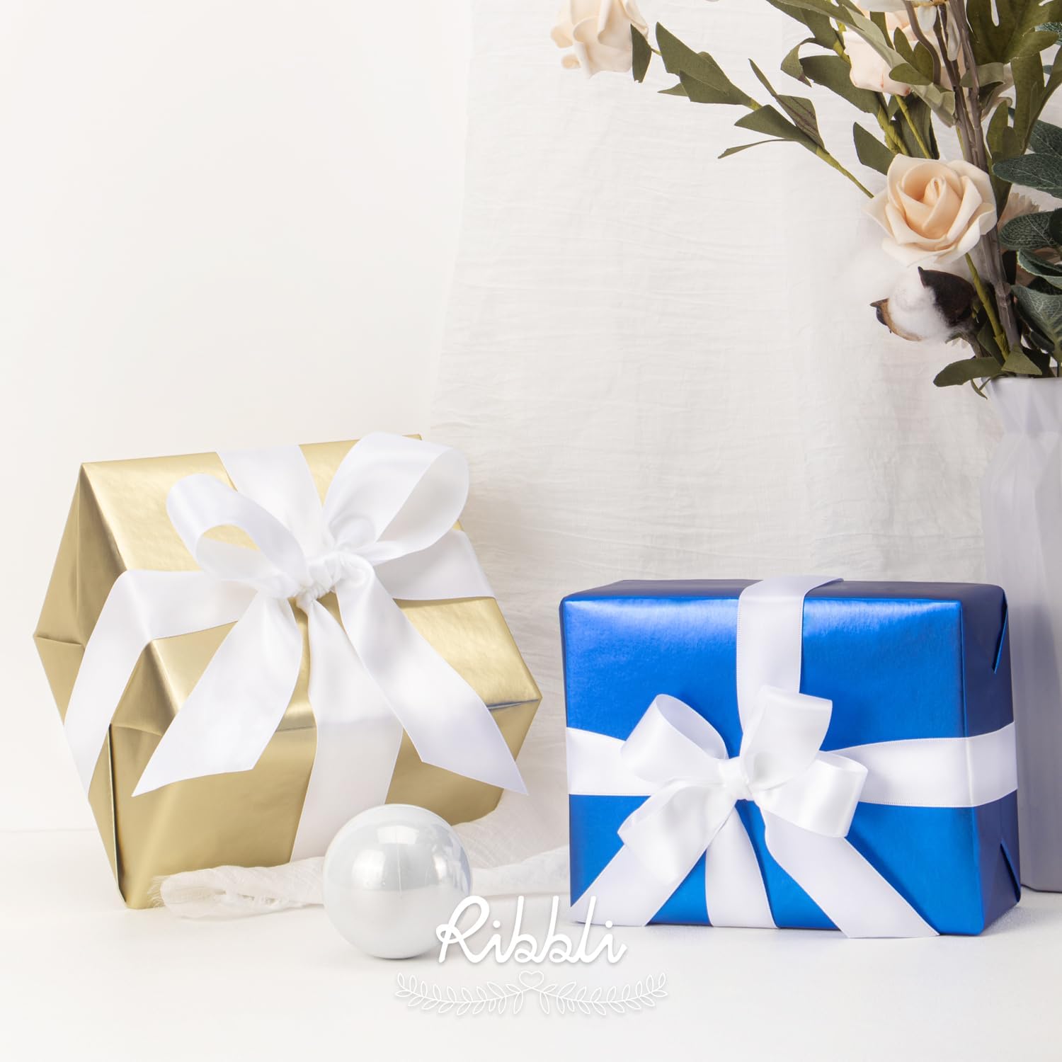 Ribbli White Double Faced Satin Ribbon,1-1/2” x Continuous 25 Yards,Use for Bows Bouquet,Gift Wrapping,Wedding,Floral Arrangement