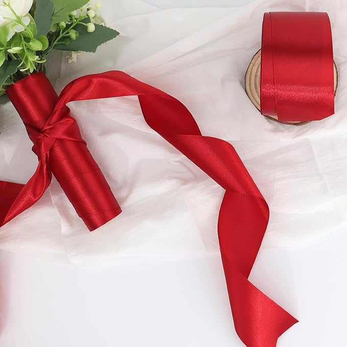 Deep red Solid Satin Ribbon 2 Inch 25 Yards Solid Polyester Fabric Ribbon for Gift Wrapping Wedding Christmas Baby Shower Birthday Party Decoration Handmade Immortal Flower Craft