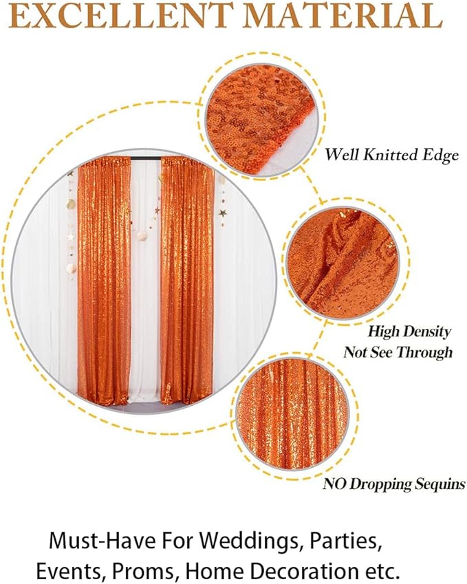 ShinyBeauty Orange Sequin Backdrop Curtains 2 Panels 2FTx8FT Orange Sparkly Sequin Photo Background Shimmer Backdrop Curtains for Party Glitter Curtains Halloween Backdrop Studio Backgrounds