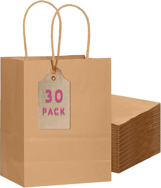 qiqee 30-Packs Brown Gift Bags with Handles Bulk 10.8"x8.3"x4.3" Medium Size Kraft Paper Bags Multiple Uses (Medium Size)
