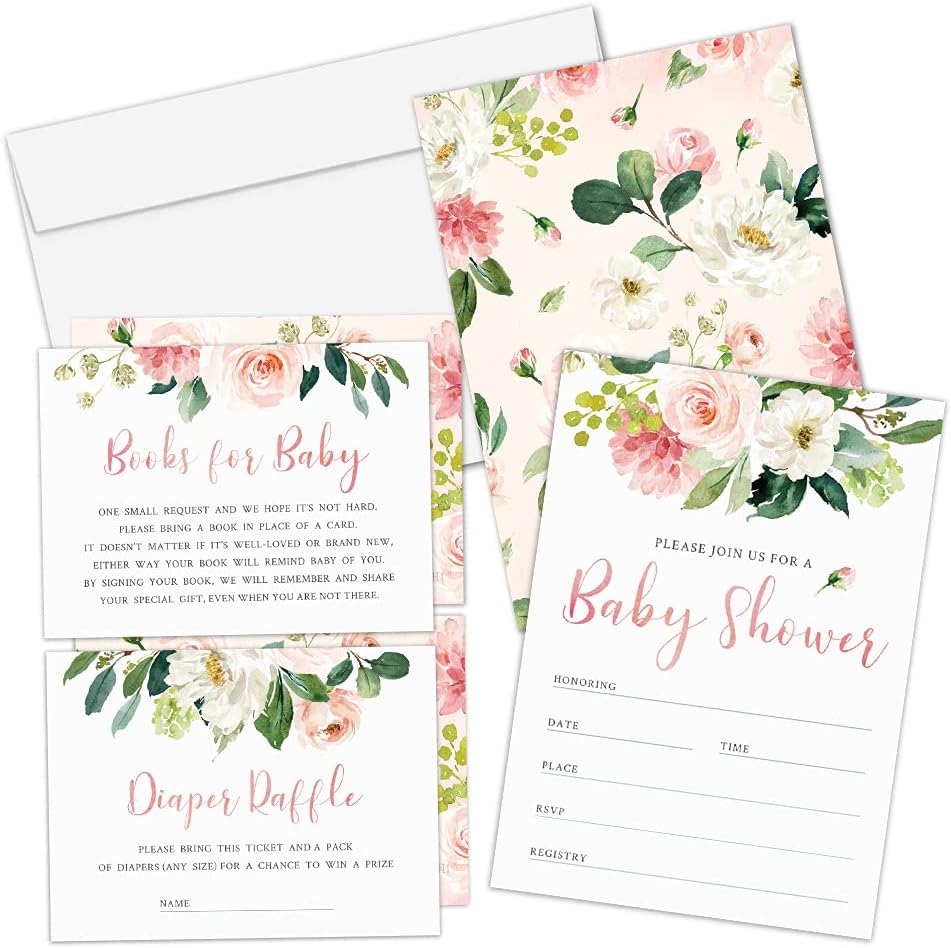 Set of 25 Floral Baby Shower Invitations, Diaper Raffle Tickets and Baby Shower Book Request Cards with Envelopes. It's a Girl Pink Boho Fill-in Invites for Baby Shower
