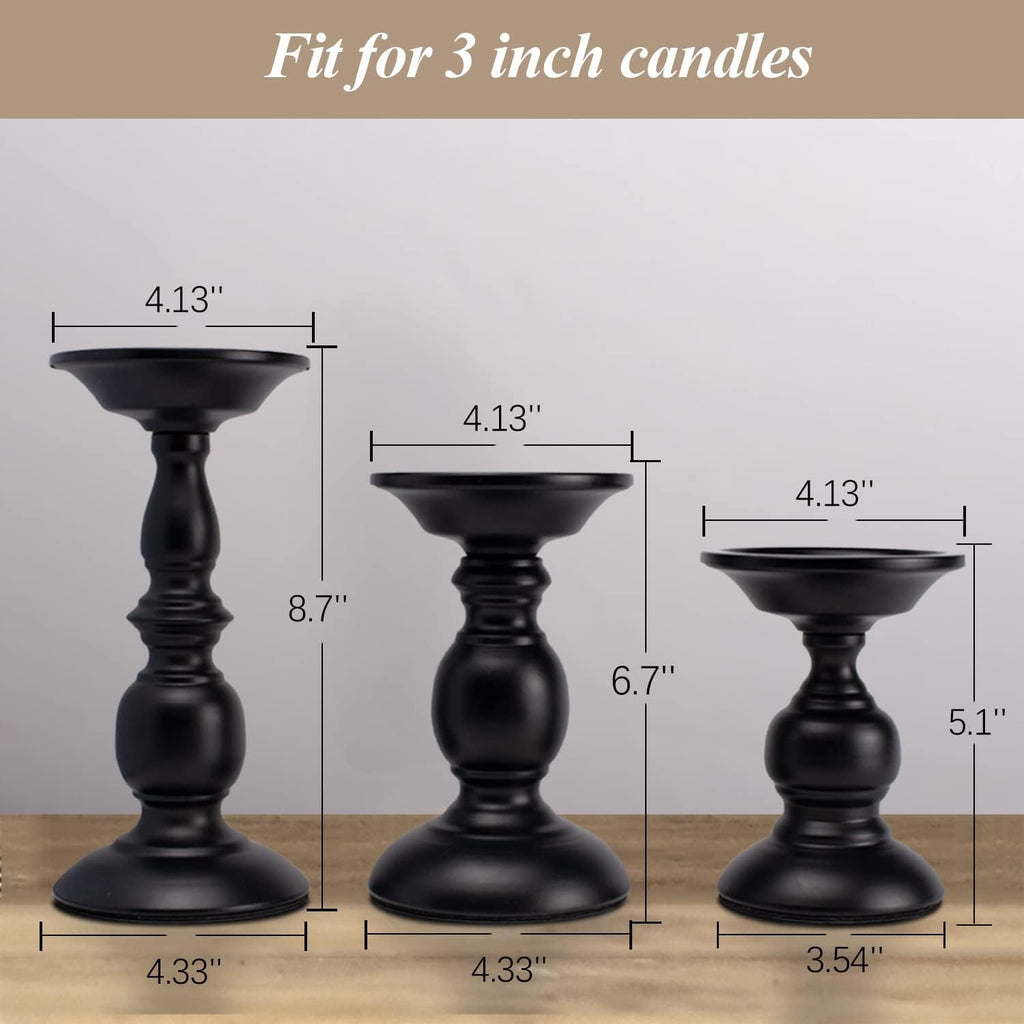 BANOMII Black Pillar Candle Holders Set of 3, Vintage Candle Holder for Table Centerpiece & Fireplace Decor, Decorative Antique Candle Stand for Dining & Living Room Decoration