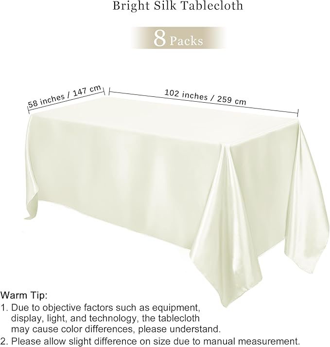 TURSTIN 8 Packs Ivory Satin Tablecloth 102 x 58 Inch Overlay Satin Table Cover Rectangle Bright Silk Tablecloth Smooth Fabric Table Decoration for Wedding Banquet Party Events