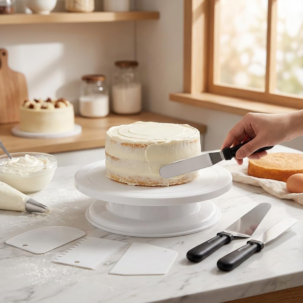 Cake Decorating Kit with Cake Turntable and Decorating Tools, 8-Piece Baking Supplies Set with 3 Frosting Spatulas and 4 Icing Smoothers, Easy Cake Decorating for Beginners Professionals