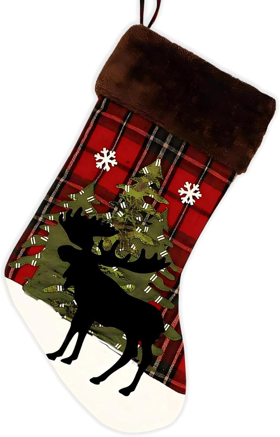 20 inch Big Moose Christmas Stockings, Single Black Deer Reindeer Buffalo Plaid Cute Rustic Farmhouse Xmas Stocking with Snowflake for Baby Child Children Kids Girl Boy Christmas Décor (Big Moose)