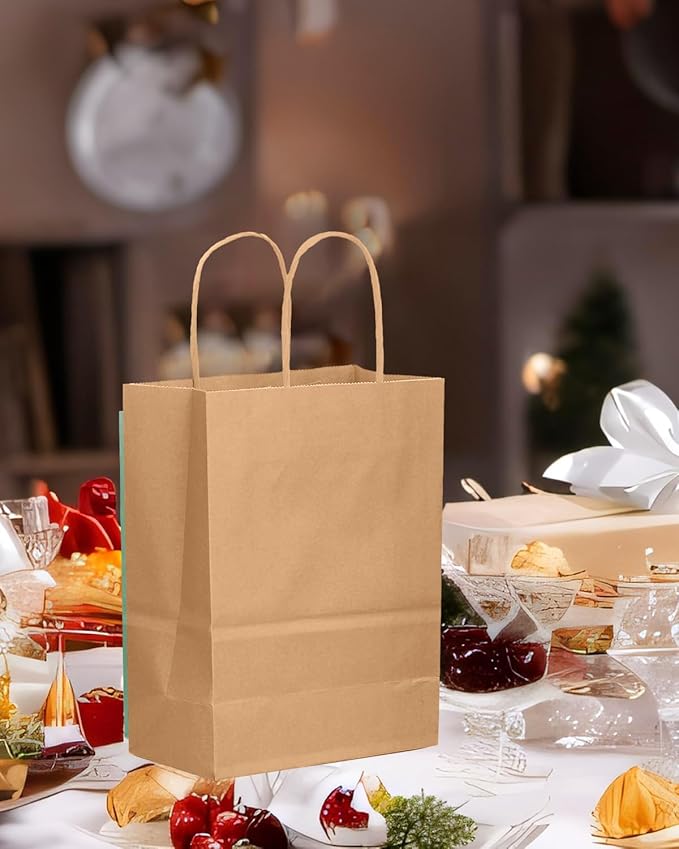 qiqee 100-Packs Brown Paper Gift Bags with Handles Bulk 8.26"×6"×3.15" Small Size Gift Bags Multiple Uses