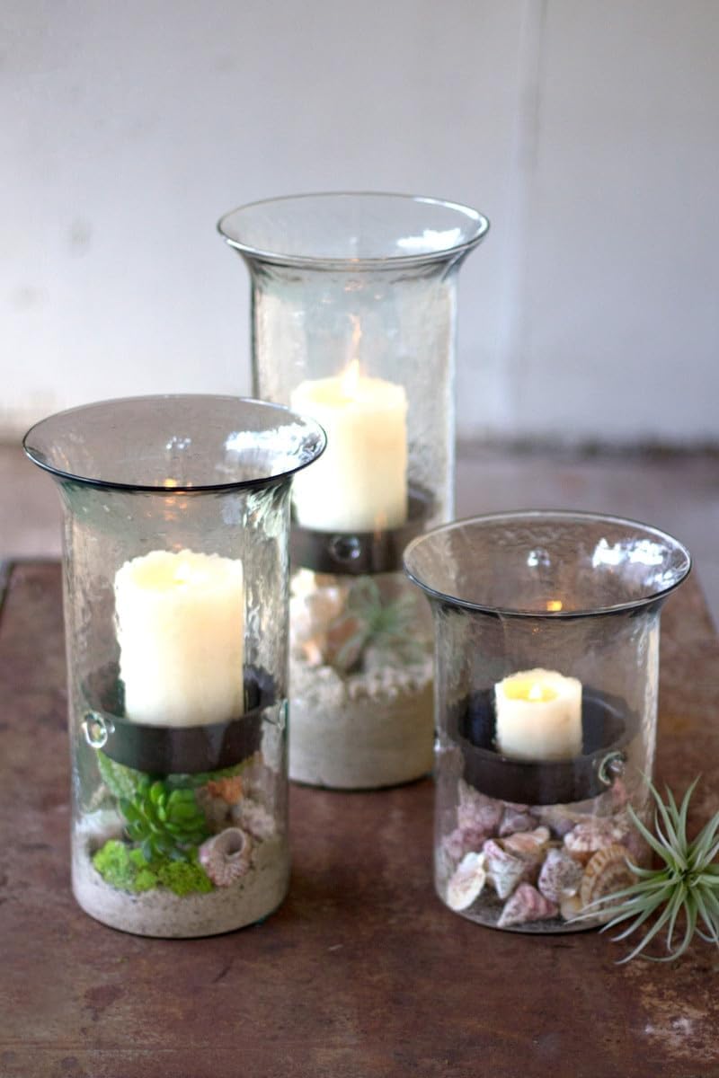 Glass Hurricane Pillar Candle Holder with Rustic Metal Insert, Perfect as a Centerpiece (Large)