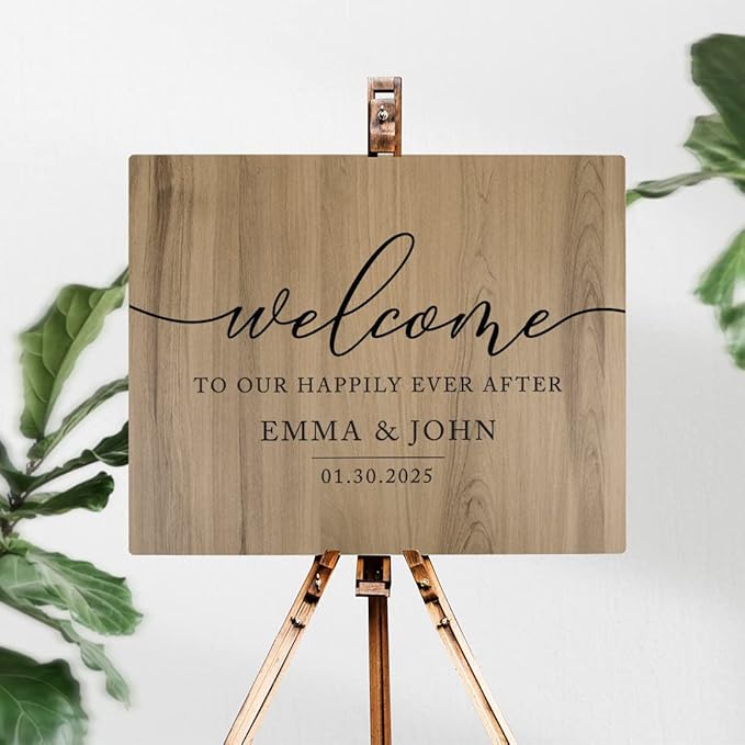 Andaz Press Personalized Large Wooden Welcome Sign for Wedding Rustic Welcome Sign 16" x 20" Custom Names Happily Ever After Wedding Signage English Oak MDF Wood Finish Reception Indoor Outdoor Signs