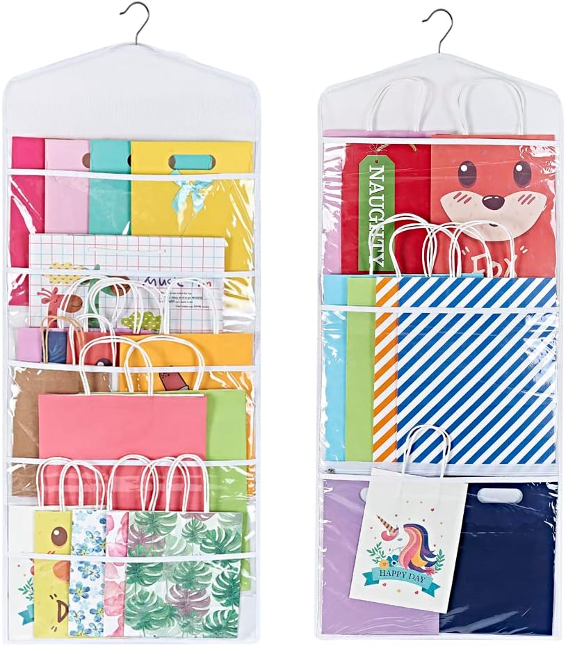 Gift Bag and Tissue Paper Storage, Hanging Organizer with Multiple Front and Back Pockets Double Sided, Organize Gift Wrap and Paper Bags 38 x 16 Inch (White)