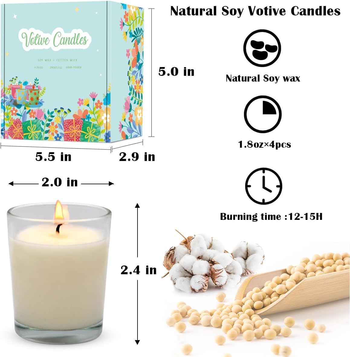 Set of 4 White Votive Candles, Clear Glass Filled Unscented Soy Wax Candle for Home Décor Weddings Spa Holidays Party and DIY