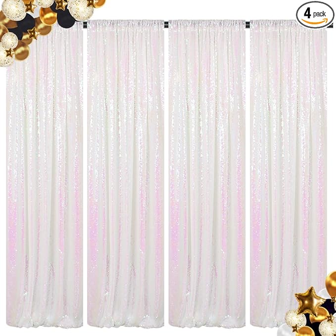 ShinyBeauty Sequin Backdrop Curtains 2FTx8FT 4 Panels Iridescent White - Sparkly Photo Background for Wedding, Party, Event Decor, Mermaid Shimmer Wall Backdrops