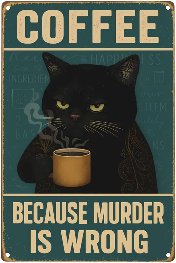 Funny Cat Coffee Metal Sign - "Because Murder Is Wrong" Retro Tin Wall Decor for Kitchen, Bar, or Café - Vintage Style 8x12 Inch