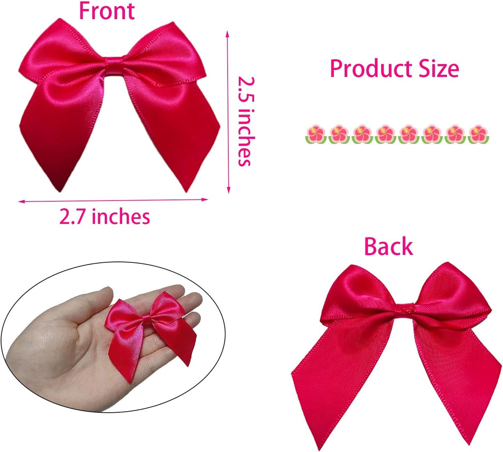 50PCS Hot Pink Bows, Twist Tie Decor with Tape (2.7x2.5 Inch) | for Gift Wrapping Double-Sided Tape Bows Treats Bags Wrapping Wedding Decorations
