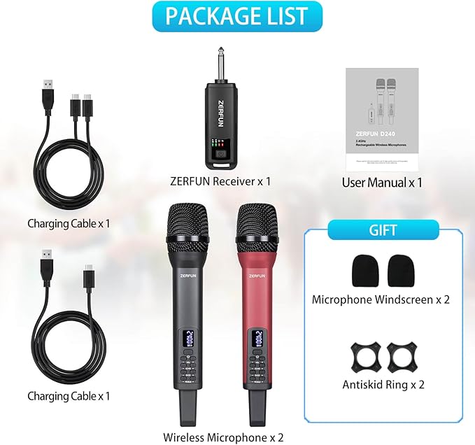 Rechargeable Wireless Microphones Dual, Pro Handheld Cordless Mics System Dynamic with Echo Treble BASS VOL Control for Karaoke Singing Church Party, 1/4'' Output, D240, Grey&Red