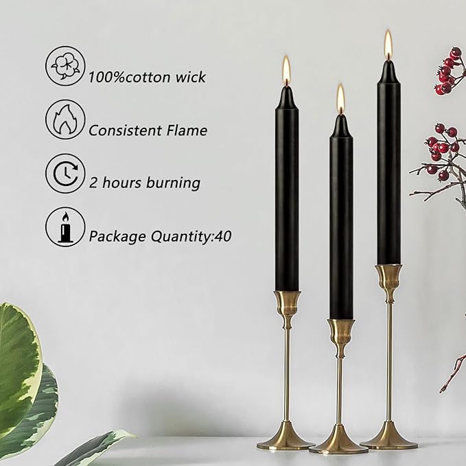 4 Inch, 40 Pack, Unscented, Dripless Taper Candles, Black, Smokeless Candles for Holidays, Wedding Ceremonies, Parties, Shabbat, 1.5 Hours