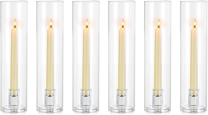 NUPTIO Candle Stick Candle Holder: Clear Glass Hurricane Candlestick Holders - Set of 6 Modern Taper Candle Stand with 11.8 inch Long Chimney Cover for Thanksgiving Christmas Fireplace Table Decor
