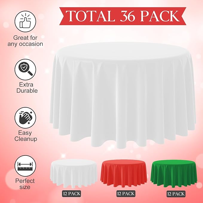 36 Pack Christmas Round Disposable Tablecloth, Red White Green Circle Plastic Tablecloth Bulk, Italy Theme Table Covers for Christmas Family Gathering Dining Banquet Italian Party Decoration,84inch