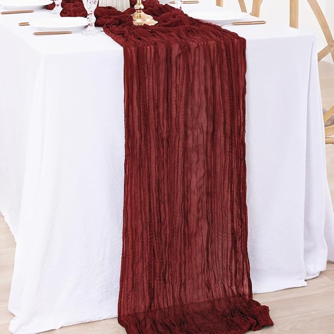 MLMW Christmas Table Runner Cheesecloth Burgundy Boho Cheese Cloth 160 inch Gauze Rustic Sheer Table Runner 13.3ft for Party Wedding Baby Bridal Shower Birthday