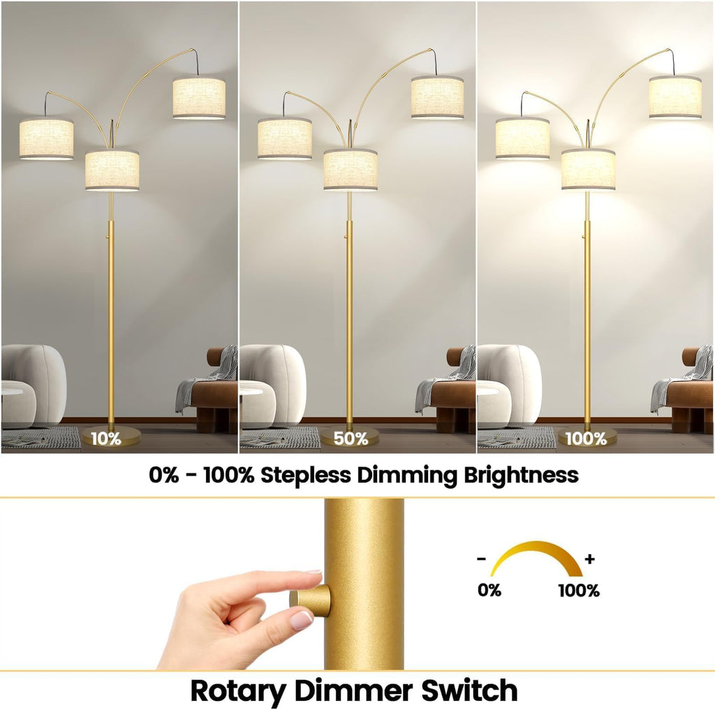 nintiue dimmable floor lamp - 3 lights gold, close-up detail
