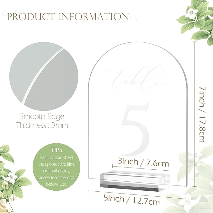 JINMURY Frosted Arch Table Numbers for Wedding, 5x7 Inch Acrylic Table Numbers 1-25 with Stands, Frosted Acrylic Arch Tabletop Sign with Holder for Centerpiece, Reception, Wedding, Party, Event