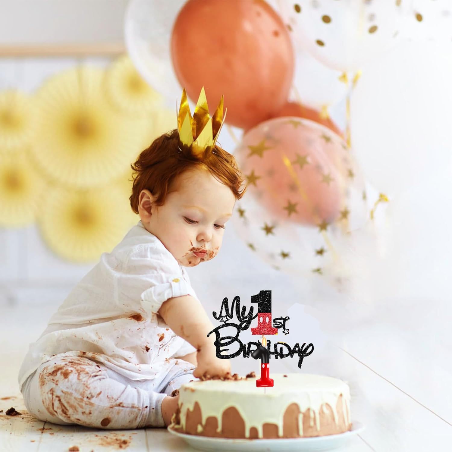 1st Birthday Cake Decorations for Boys, One Year Old Birthday Numeral 1 Cake Candles and Glitter Cartoon Black Red Cake Toppers Set for Birthday Party Supplies (Number 1, Red)