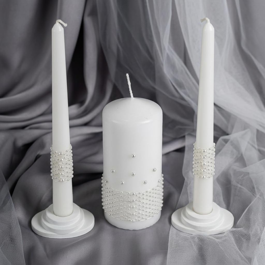 Unity Candle Set - Wedding Ceremony & Reception Candle– 6” Pillar & Two 10” Taper Candles – Long Burning Unity Candles for Marriage Ritual – Handmade in USA – White |Pearls| Luxury