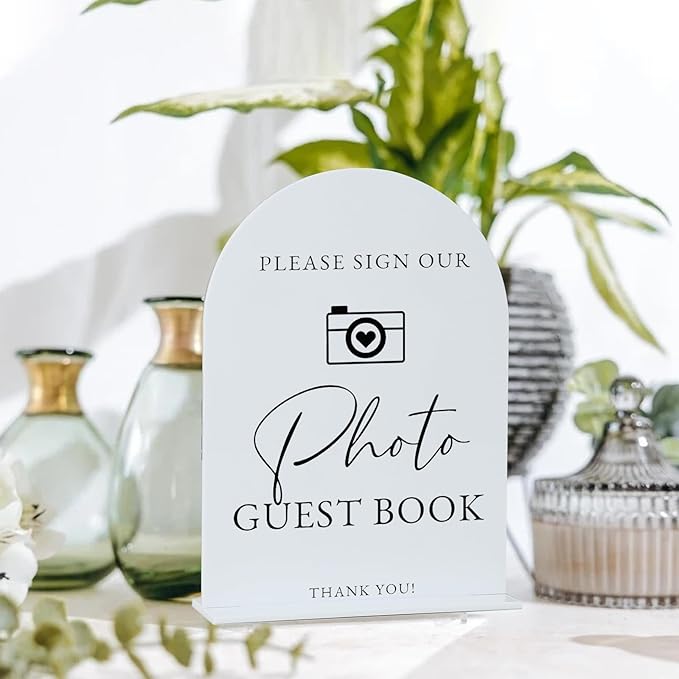 Acrylic Photo Guestbook with Stand- 5"x7" White Arched Wedding Sign and Base,1/8" Thick | Modern Calligraphy Black Lettering Arch Acrylic Sign for Wedding Reception & Party(5x7Inch, White)