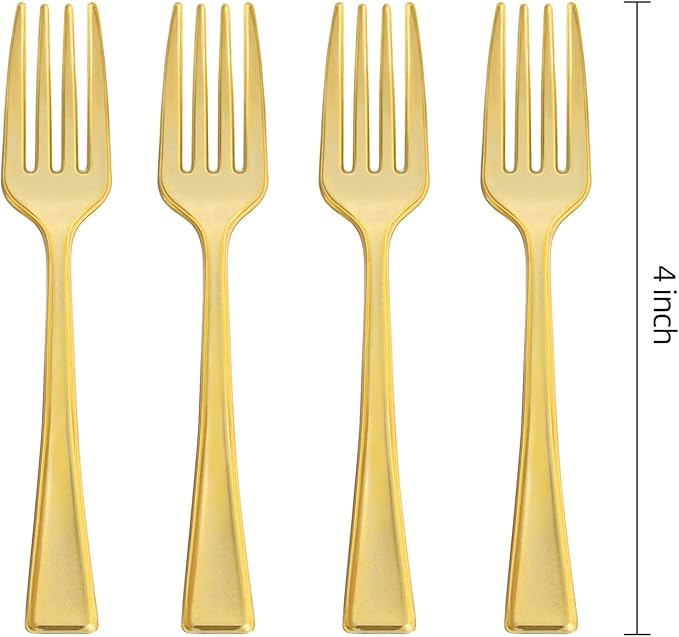 N9R 300PCS Gold Plastic Mini Forks, 4 Inches – Heavy Duty Disposable Cocktail, Dessert & Appetizer Forks, Elegant Party Serving Utensils for Tastings, Finger Foods, Weddings, Events