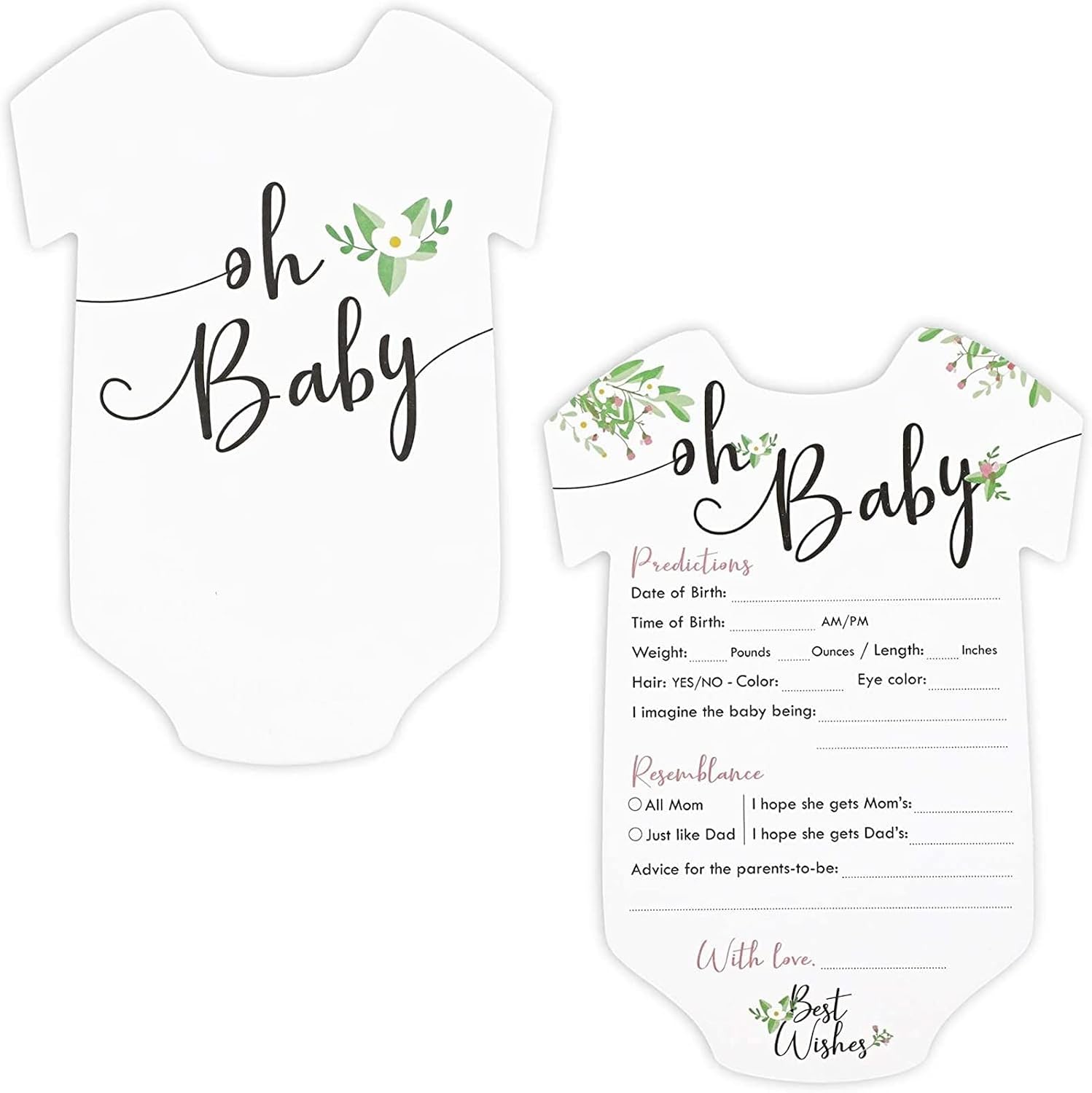 Sparkle and Bash Baby Prediction Cards - 5 x 7 in, Pack of 50, Black White Pink Floral - Baby Shower Predictions & Advice Cards for Parents-to-Be