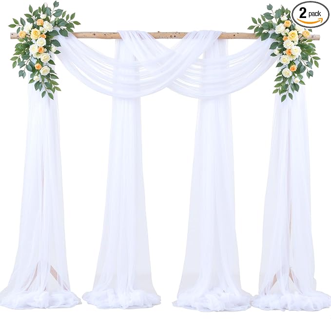 White Arch Draping Fabric for Wedding, 2 Panels 60" x 26Ft Chiffon Drapery Fabric Drapes Backdrop for Wedding Ceremony Baby Shower Bridal Shower Decoration