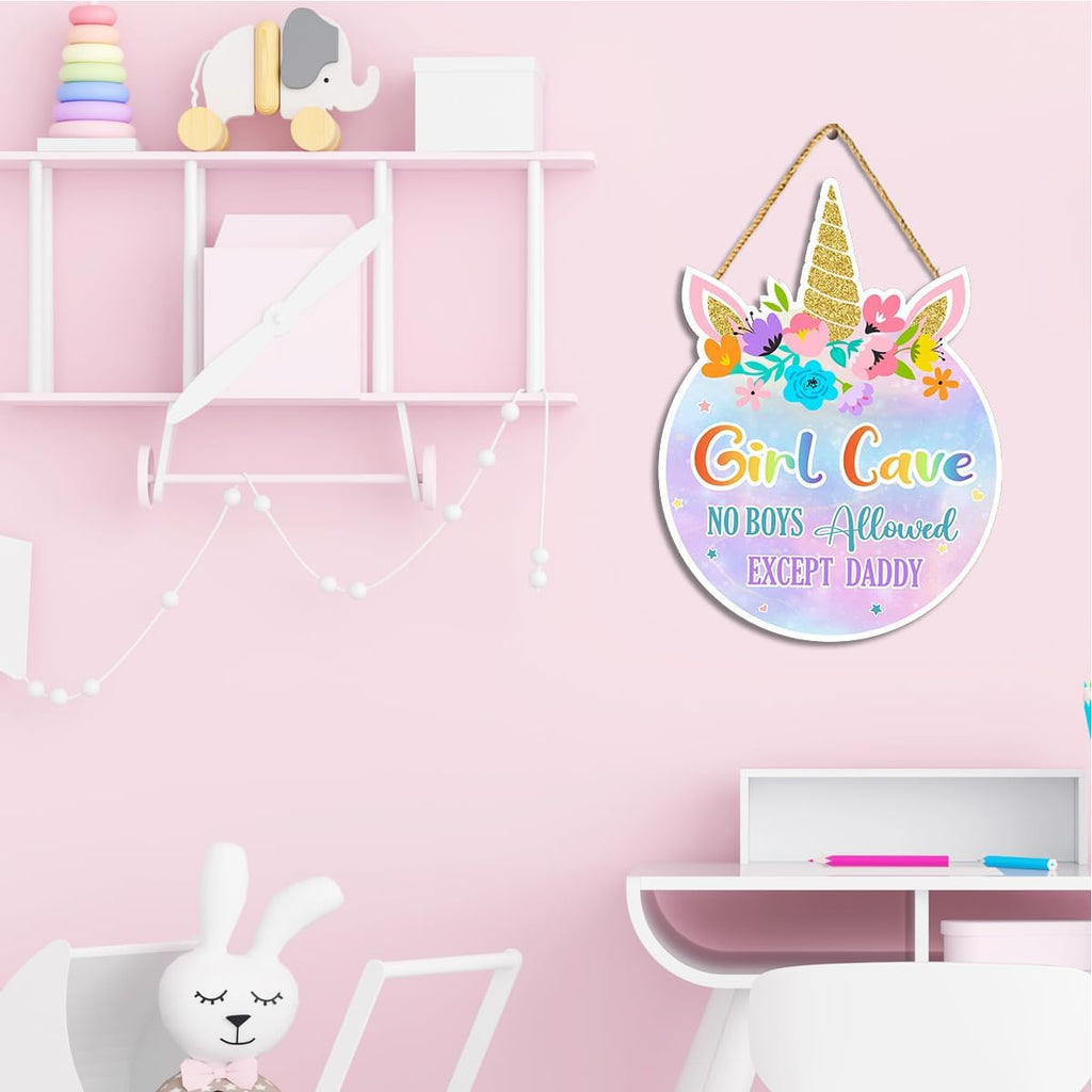 Unicorn Theme Room Decor,Girl Cave Wall Sign Decor,Pink Purple Rainbow Wall Art Decor for Girls,Unicorn Wood Hanging Sign for Baby Girls Bedroom Living Room
